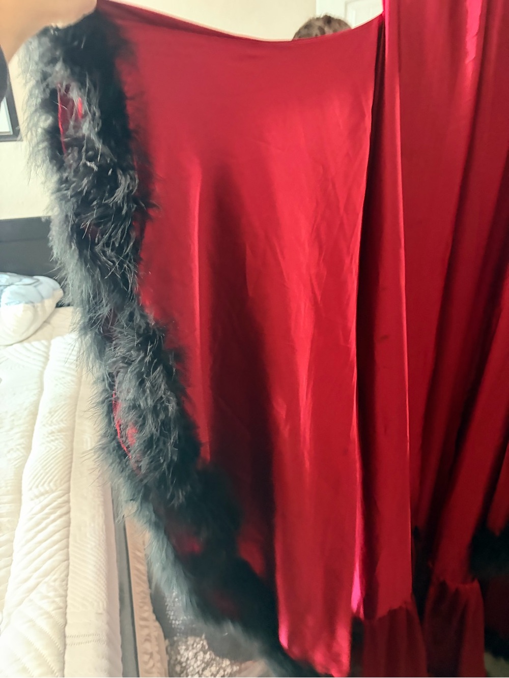 Source Unknown Red Satin Robe with Black Feather Trim